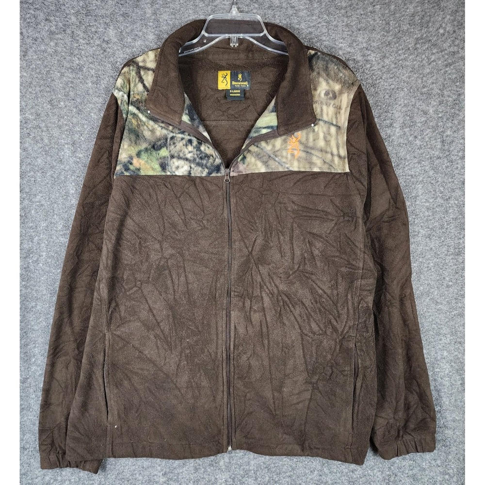 Browning Jacket Mens XL Fleece Full Zip Brown Camo Mossy Oak Hunting EUC